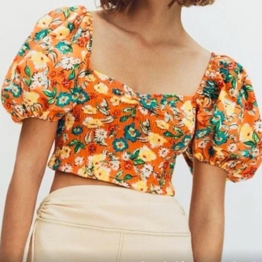 Zara Orange Floral Balloon Sleeve Crop Top, Size L